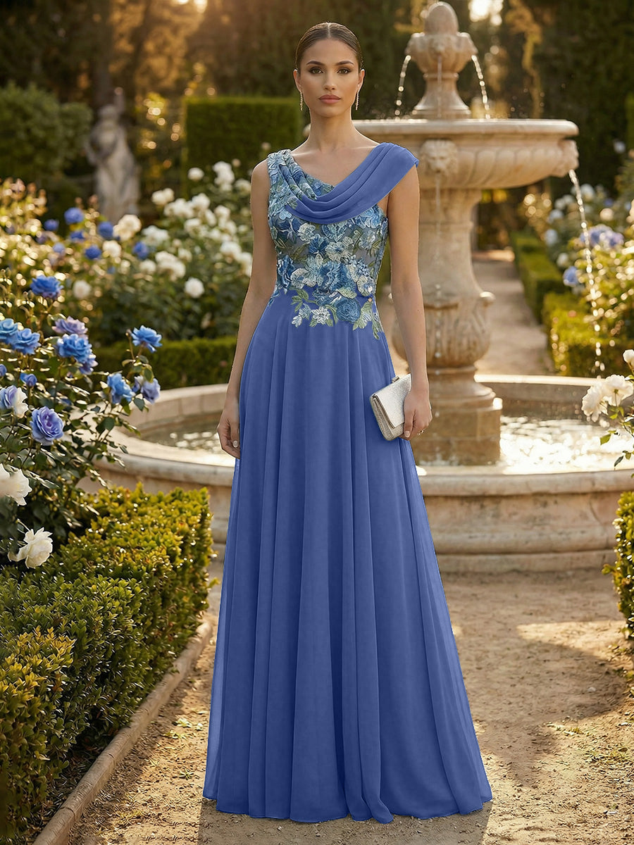 A-Line Pleated Chiffon Floor-Length Evening Dresses with Cowl Neck & Floral Lace Bodice