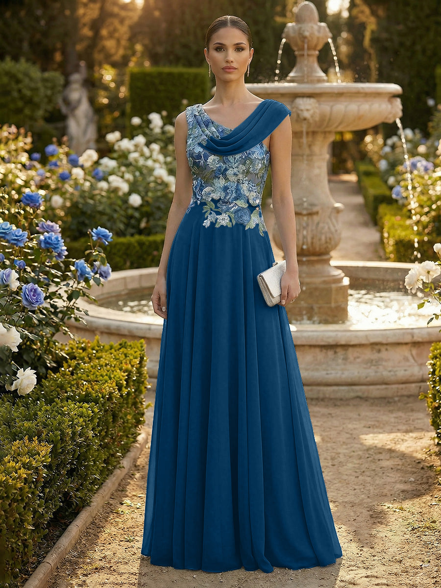 A-Line Pleated Chiffon Floor-Length Evening Dresses with Cowl Neck & Floral Lace Bodice