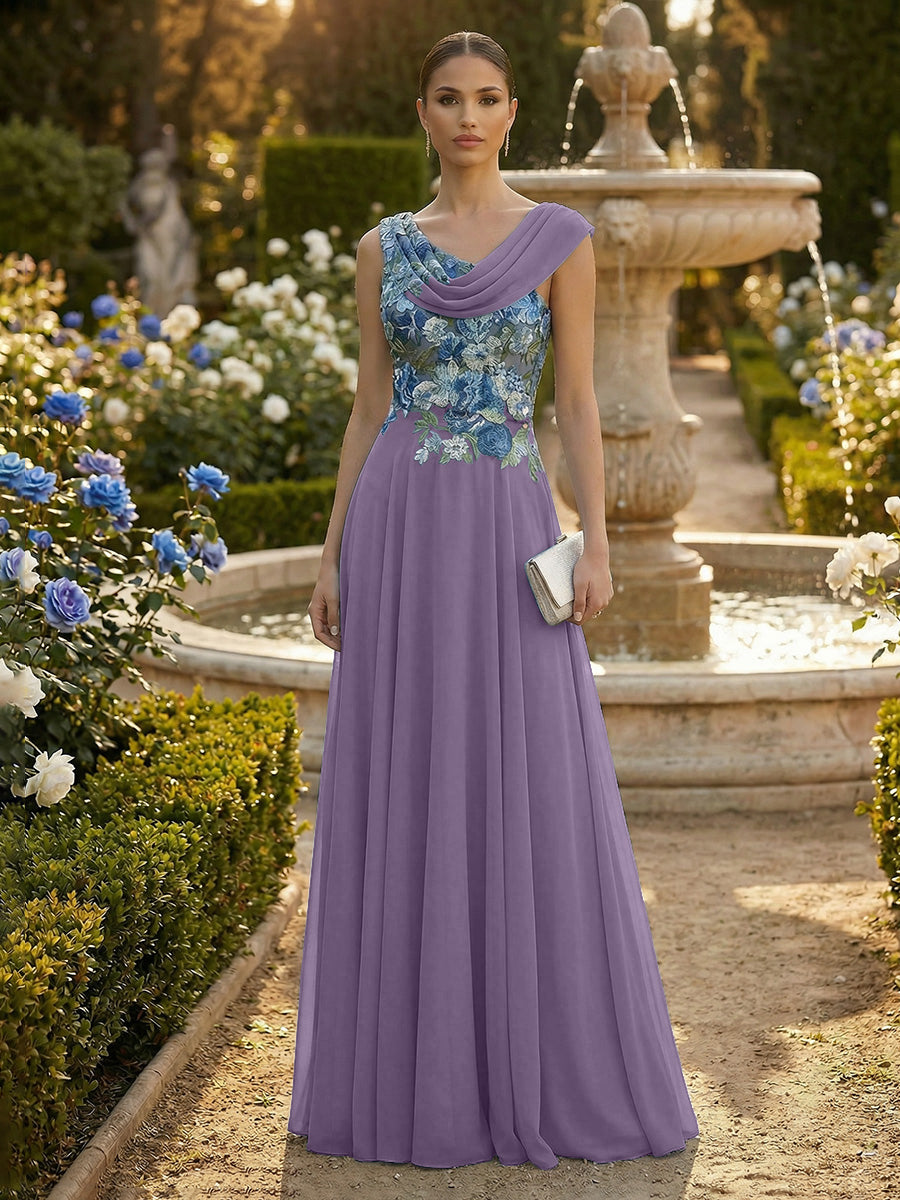 A-Line Pleated Chiffon Floor-Length Evening Dresses with Cowl Neck & Floral Lace Bodice