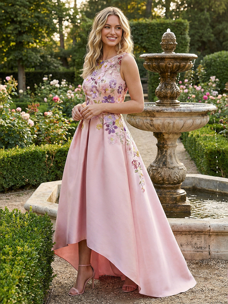 A-Line High-Low Hem Formal Dresses with Floral Embroidered Bodice