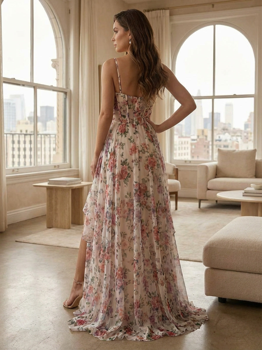 A-Line Spaghetti Straps Chiffon Floral Print Maxi Formal Dresses with Slit