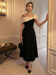 A-Line Satin Tea-Length Off Shoulder Pleated Corset Formal Dresses