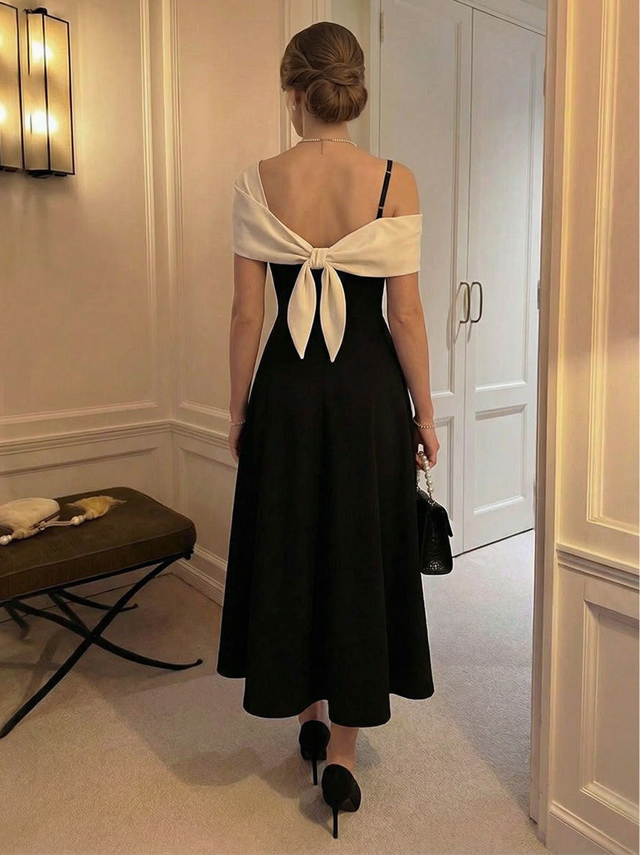 A-Line Satin Tea-Length Off Shoulder Pleated Corset Formal Dresses