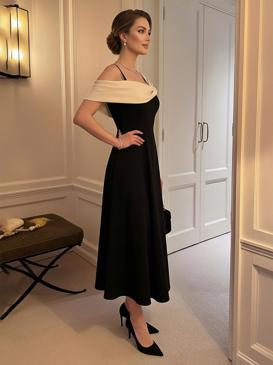 A-Line Satin Tea-Length Off Shoulder Pleated Corset Formal Dresses