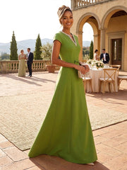 A-Line Satin V-Neck Rhinestones Floor-Length Formal Dresses