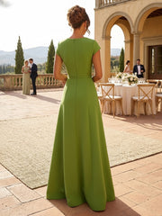A-Line Satin V-Neck Rhinestones Floor-Length Formal Dresses