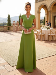 A-Line Satin V-Neck Rhinestones Floor-Length Formal Dresses