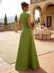 A-Line Satin V-Neck Rhinestones Floor-Length Formal Dresses