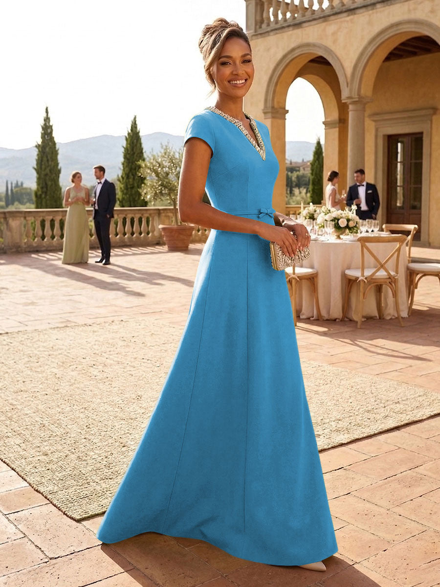 A-Line Satin V-Neck Rhinestones Floor-Length Formal Dresses