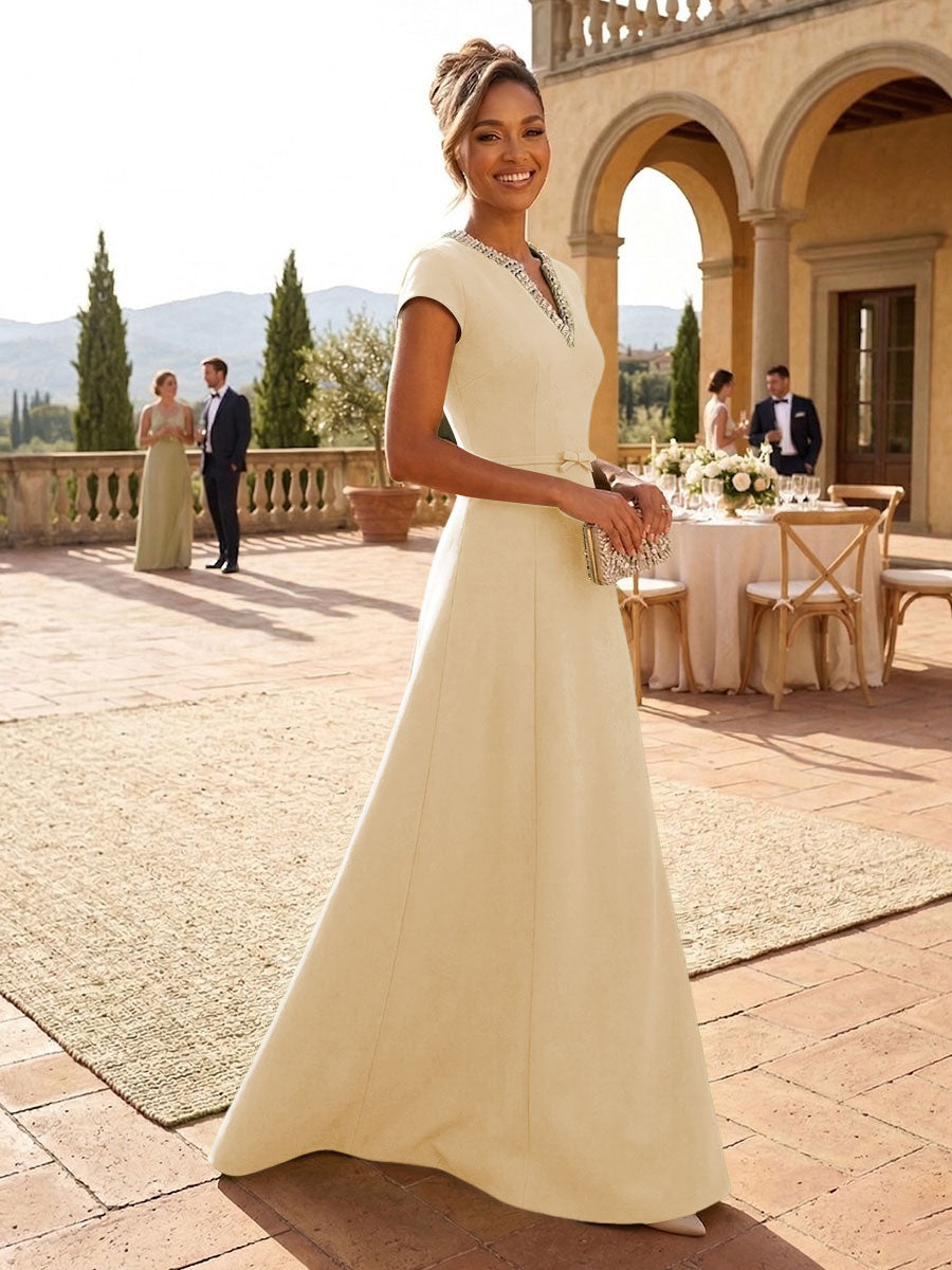 A-Line Satin V-Neck Rhinestones Floor-Length Formal Dresses