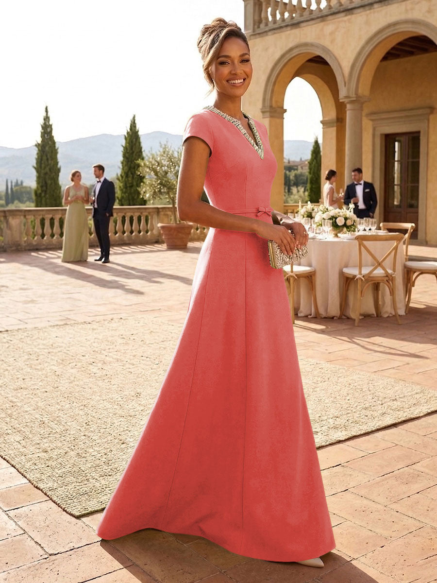 A-Line Satin V-Neck Rhinestones Floor-Length Formal Dresses