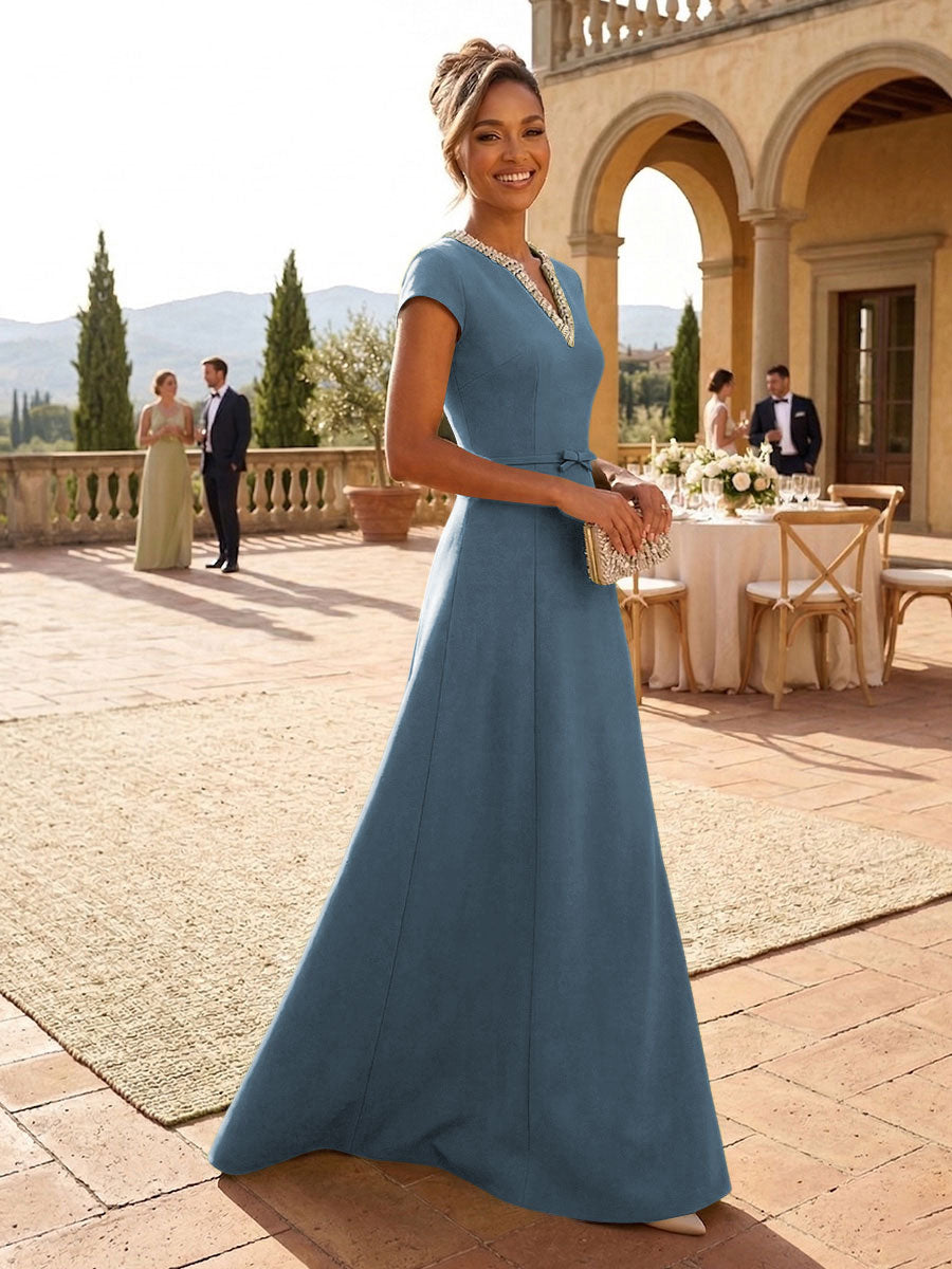 A-Line Satin V-Neck Rhinestones Floor-Length Formal Dresses