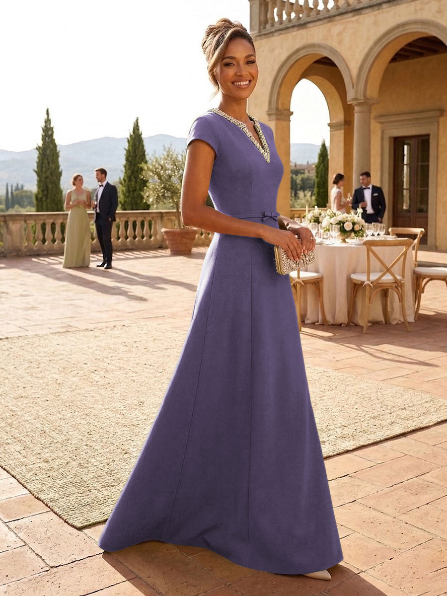 A-Line Satin V-Neck Rhinestones Floor-Length Formal Dresses
