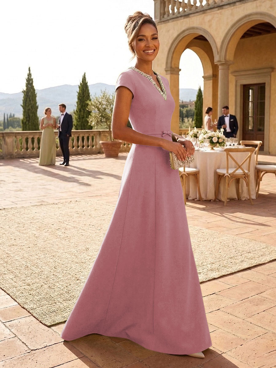 A-Line Satin V-Neck Rhinestones Floor-Length Formal Dresses