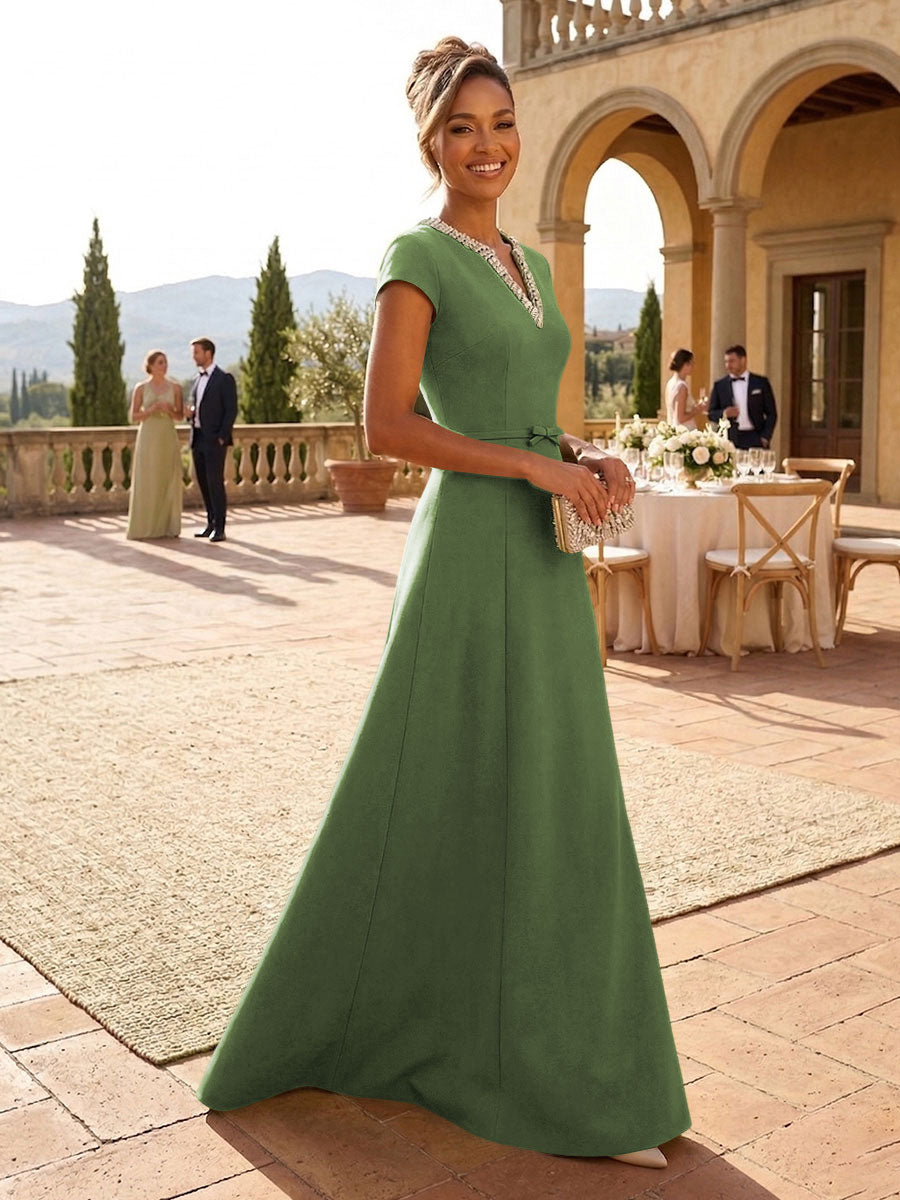 A-Line Satin V-Neck Rhinestones Floor-Length Formal Dresses