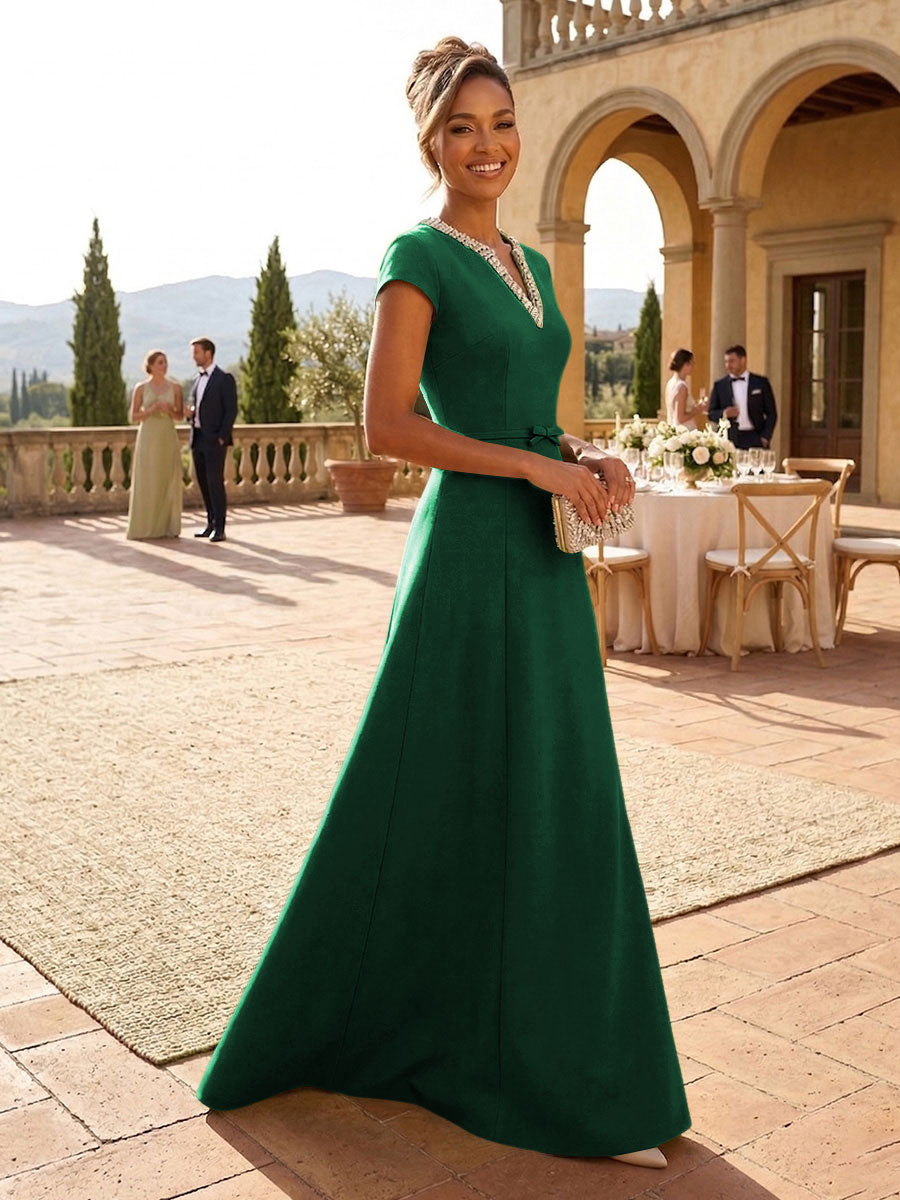 A-Line Satin V-Neck Rhinestones Floor-Length Formal Dresses