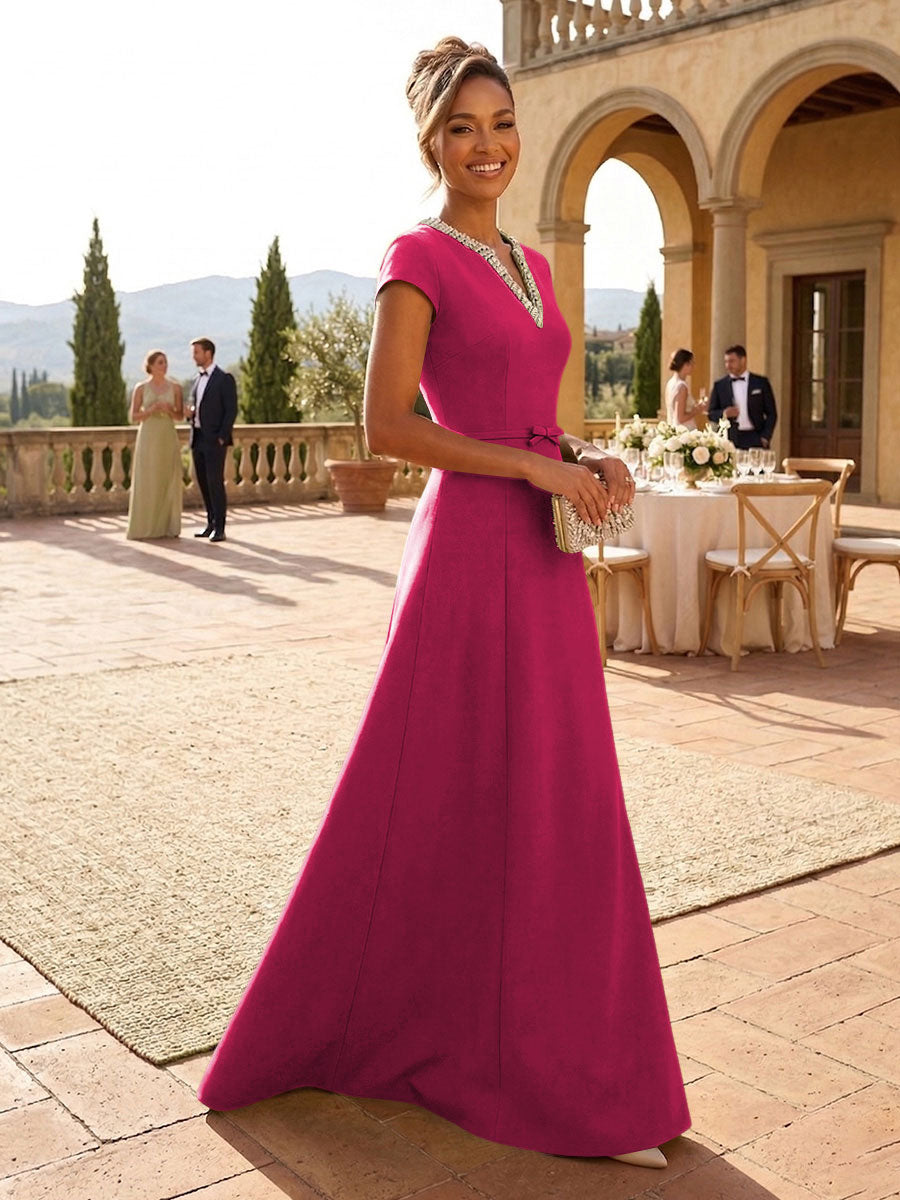 A-Line Satin V-Neck Rhinestones Floor-Length Formal Dresses