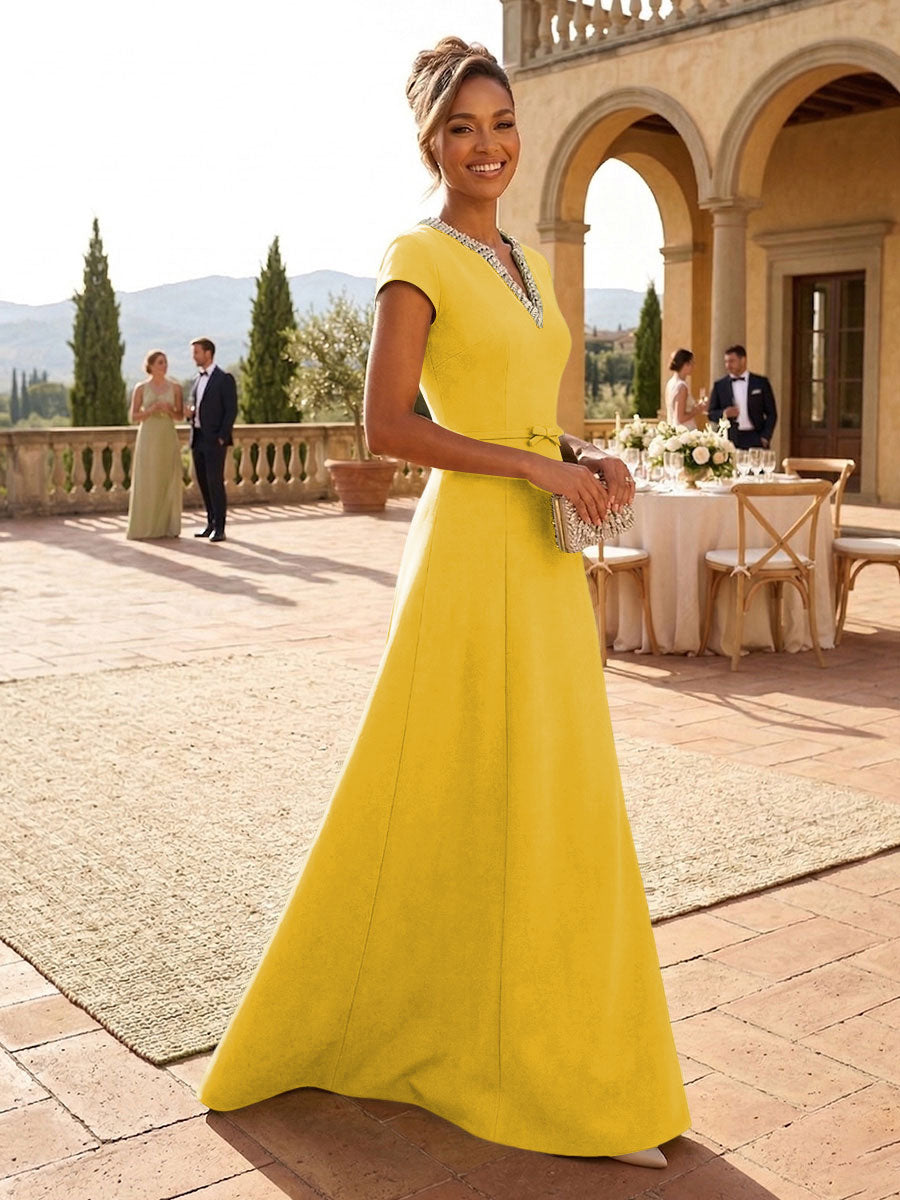 A-Line Satin V-Neck Rhinestones Floor-Length Formal Dresses