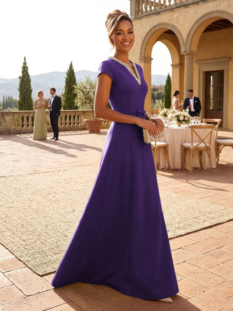 A-Line Satin V-Neck Rhinestones Floor-Length Formal Dresses