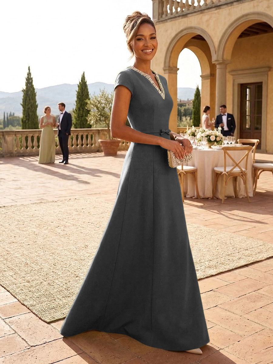 A-Line Satin V-Neck Rhinestones Floor-Length Formal Dresses