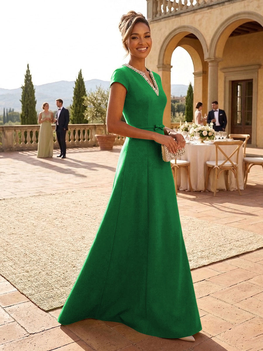 A-Line Satin V-Neck Rhinestones Floor-Length Formal Dresses