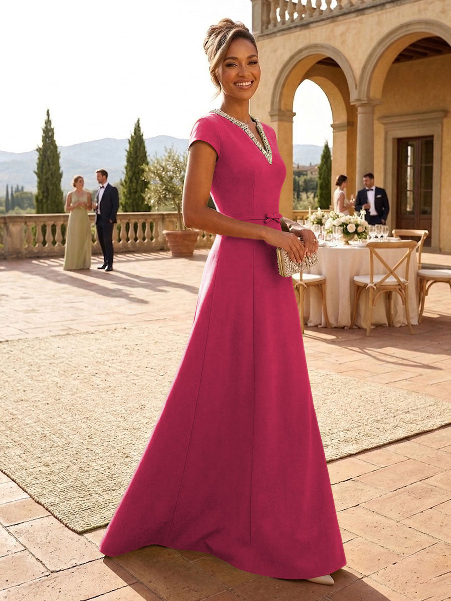 A-Line Satin V-Neck Rhinestones Floor-Length Formal Dresses
