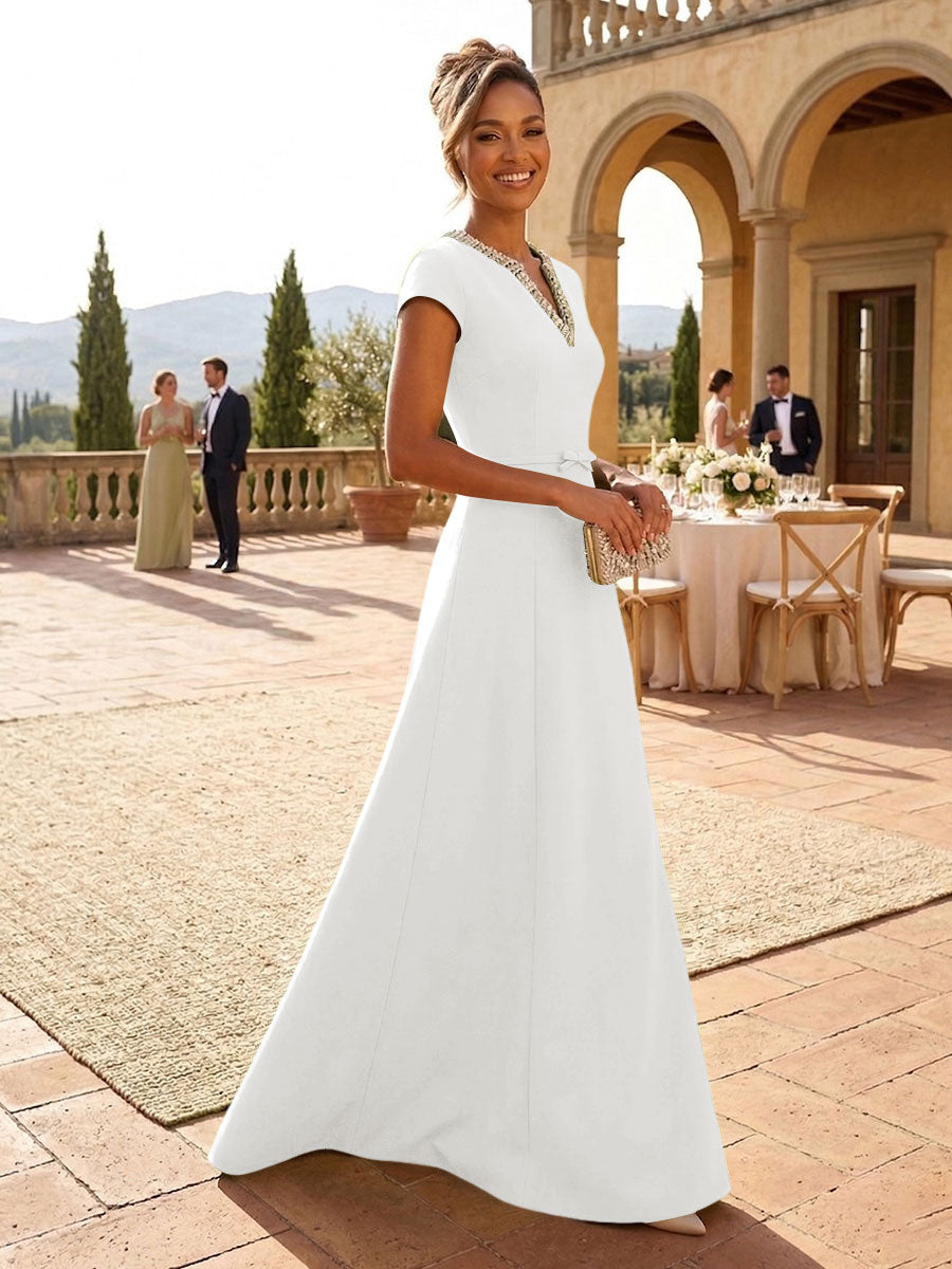 A-Line Satin V-Neck Rhinestones Floor-Length Formal Dresses