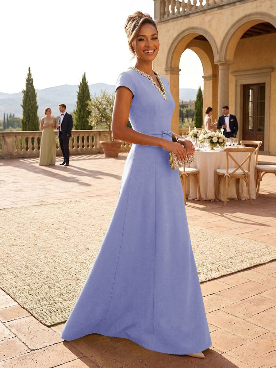 A-Line Satin V-Neck Rhinestones Floor-Length Formal Dresses