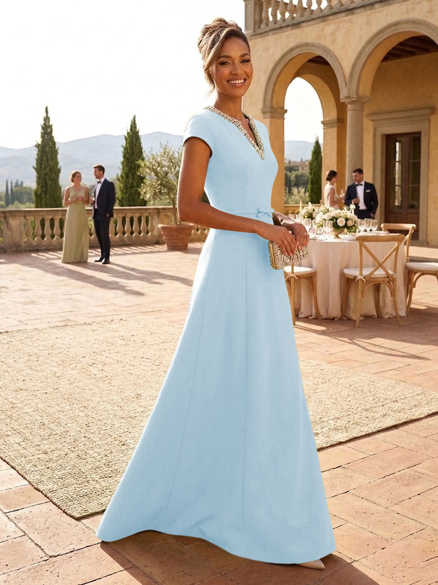 A-Line Satin V-Neck Rhinestones Floor-Length Formal Dresses