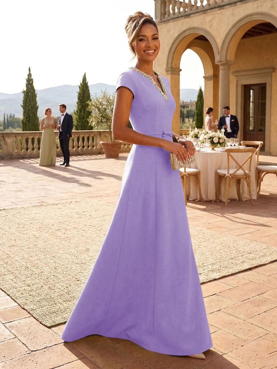 A-Line Satin V-Neck Rhinestones Floor-Length Formal Dresses