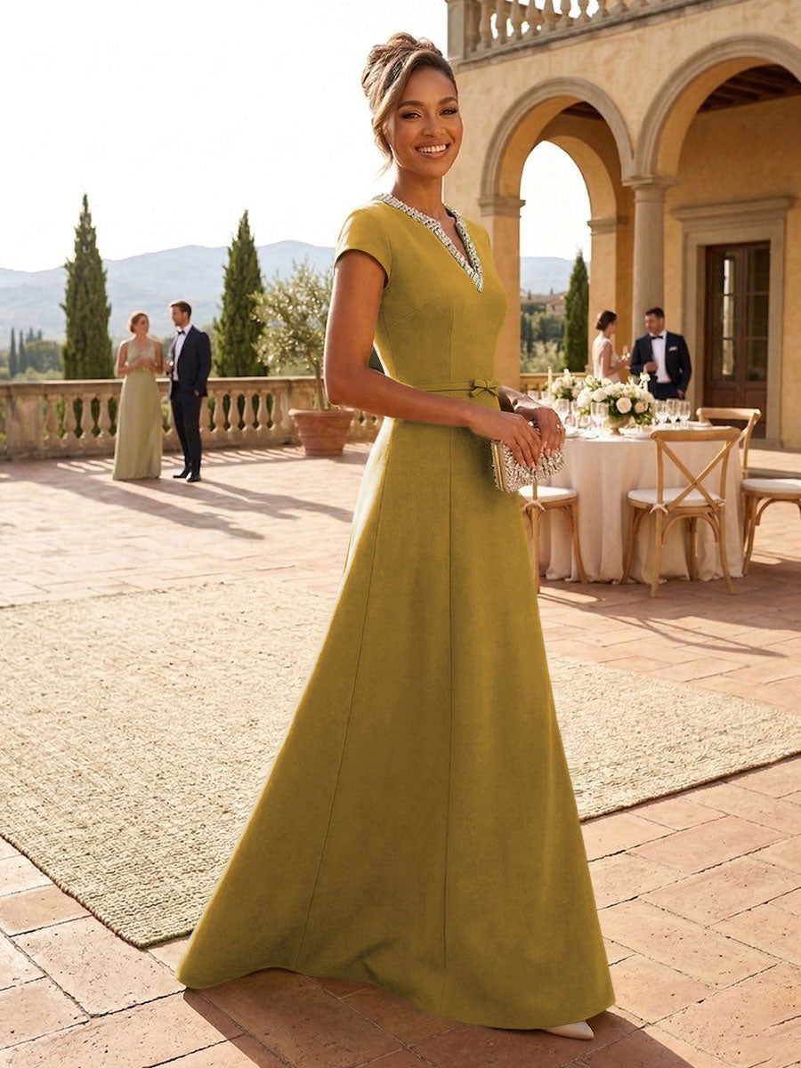 A-Line Satin V-Neck Rhinestones Floor-Length Formal Dresses