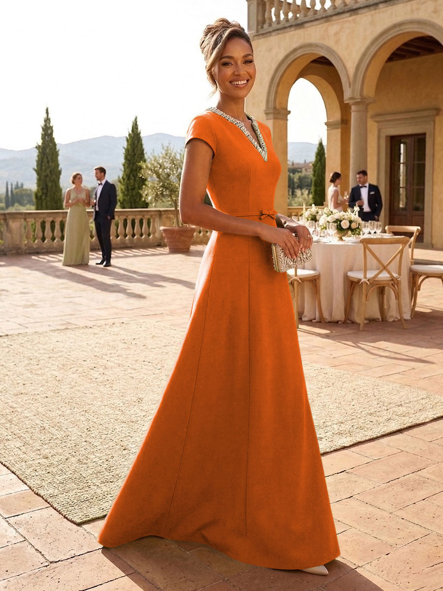 A-Line Satin V-Neck Rhinestones Floor-Length Formal Dresses