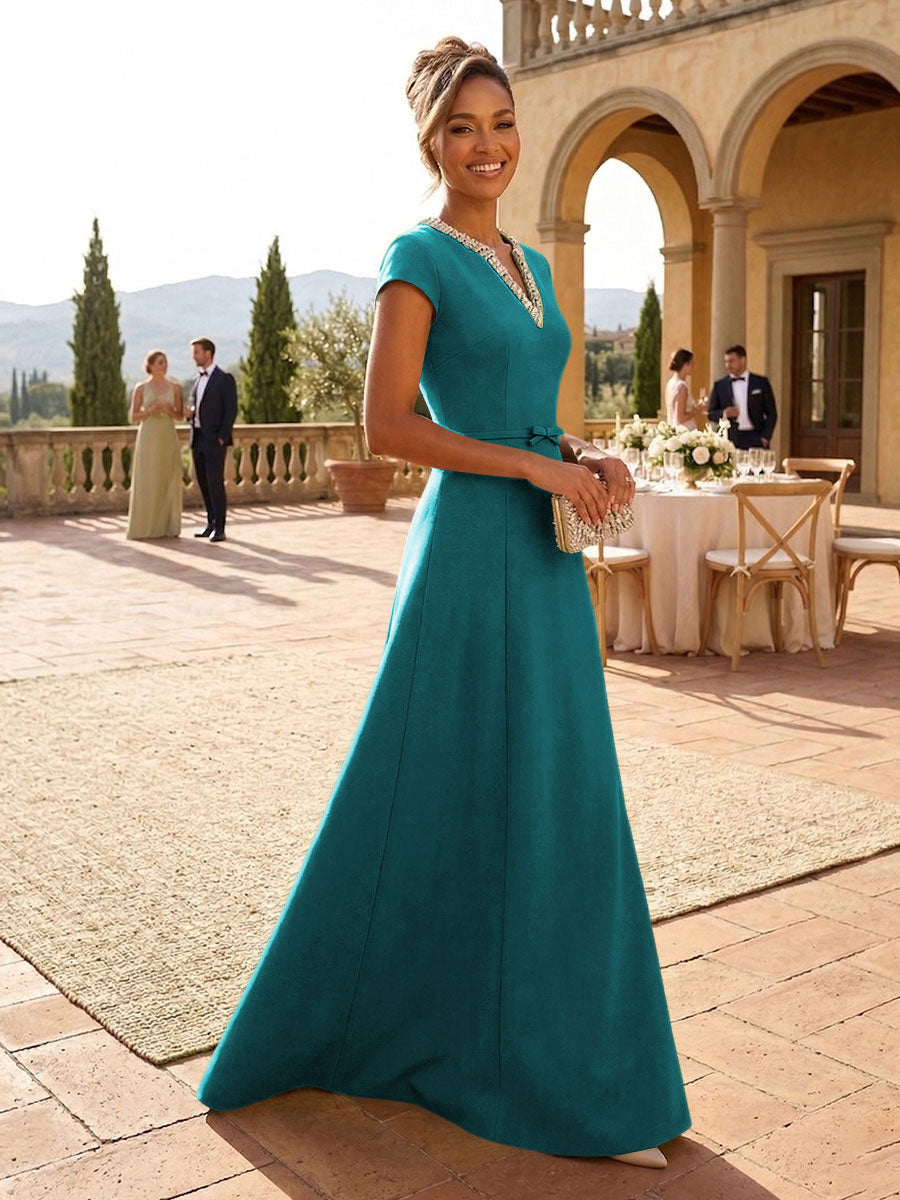 A-Line Satin V-Neck Rhinestones Floor-Length Formal Dresses