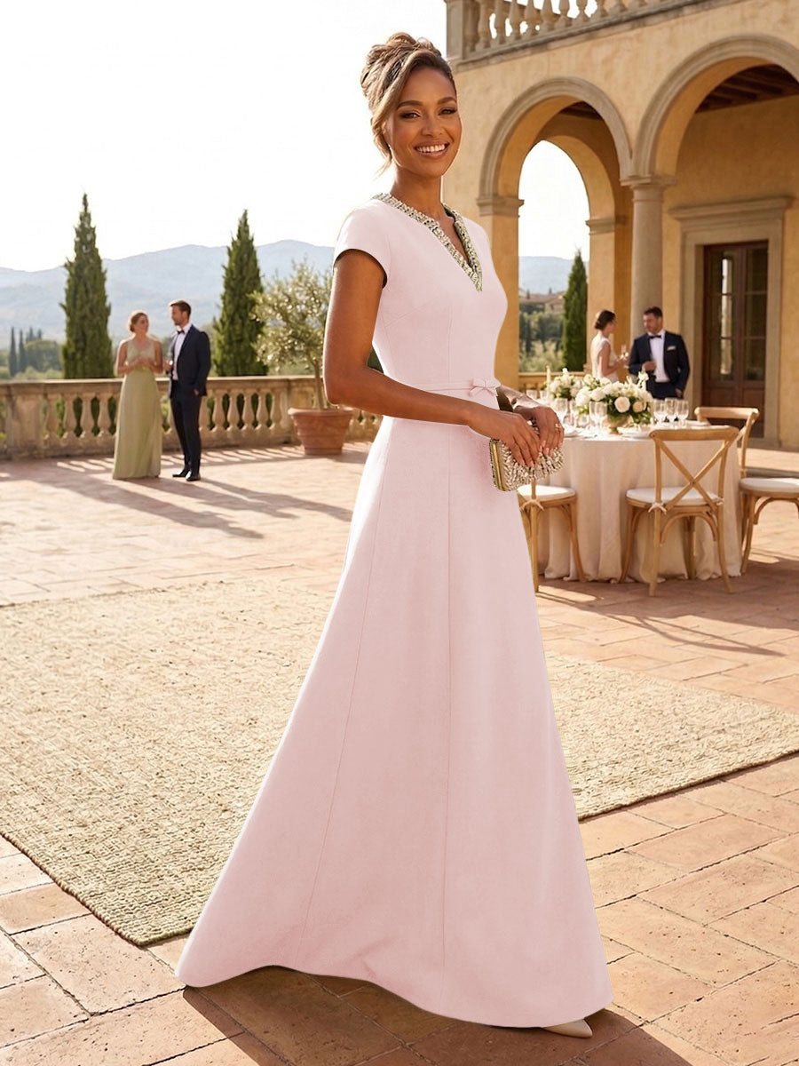 A-Line Satin V-Neck Rhinestones Floor-Length Formal Dresses