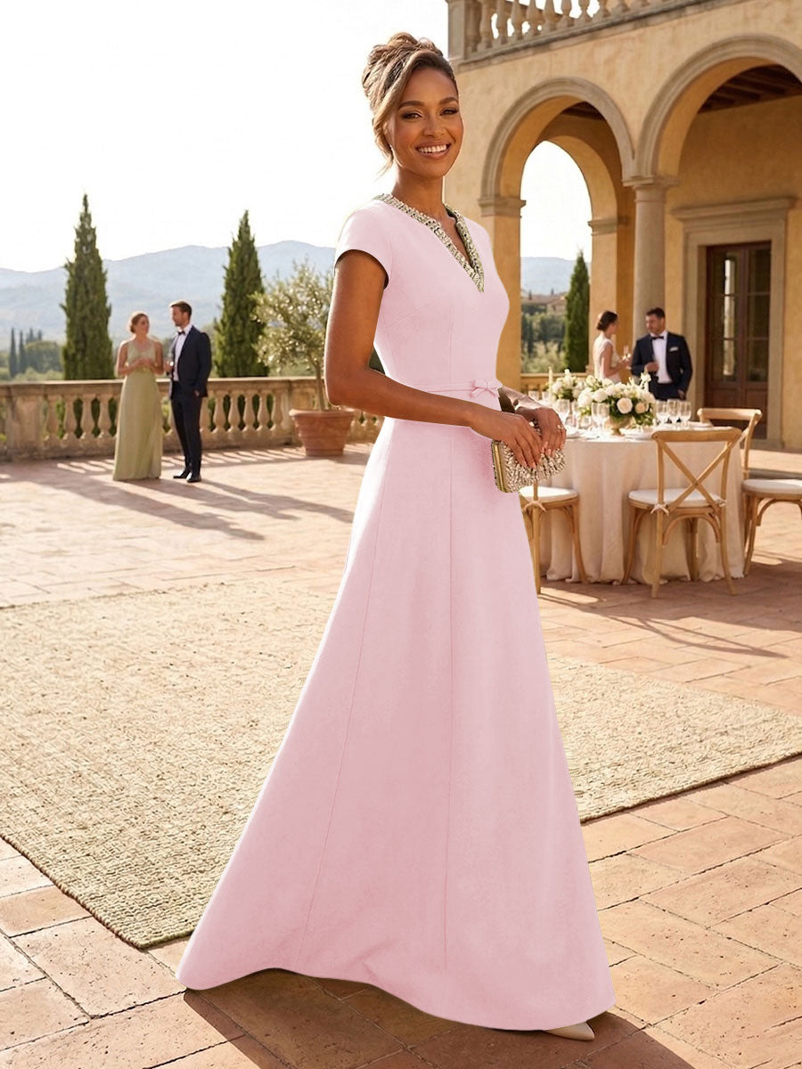 A-Line Satin V-Neck Rhinestones Floor-Length Formal Dresses