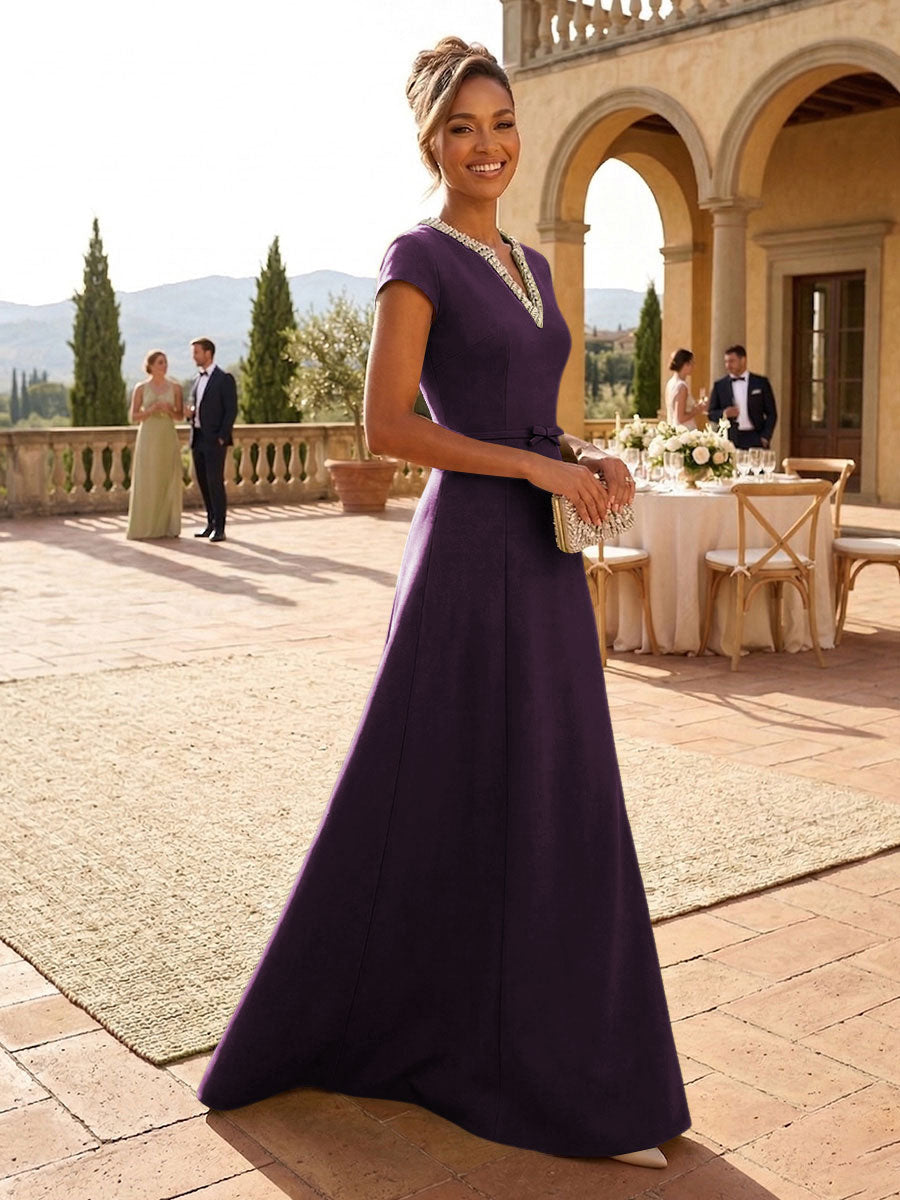 A-Line Satin V-Neck Rhinestones Floor-Length Formal Dresses