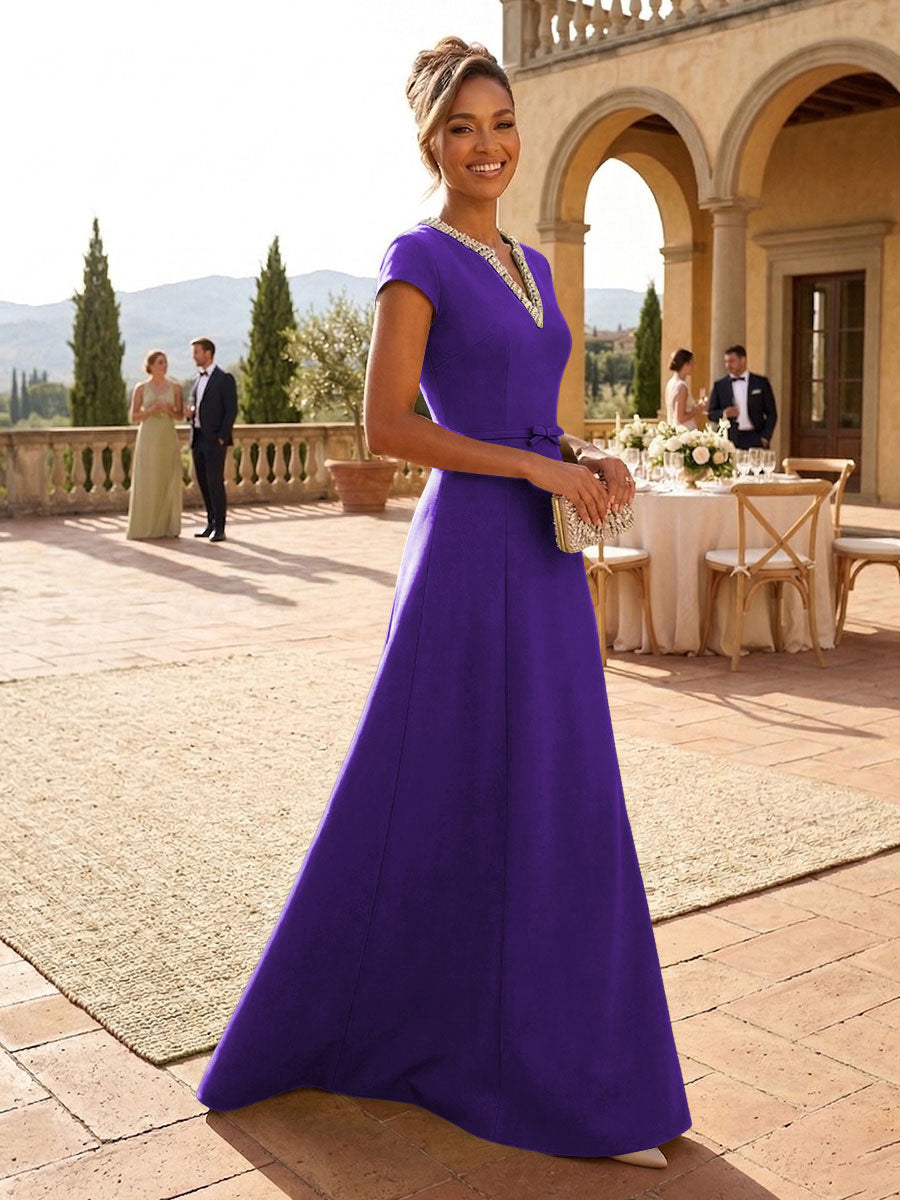 A-Line Satin V-Neck Rhinestones Floor-Length Formal Dresses
