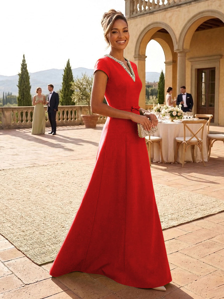 A-Line Satin V-Neck Rhinestones Floor-Length Formal Dresses