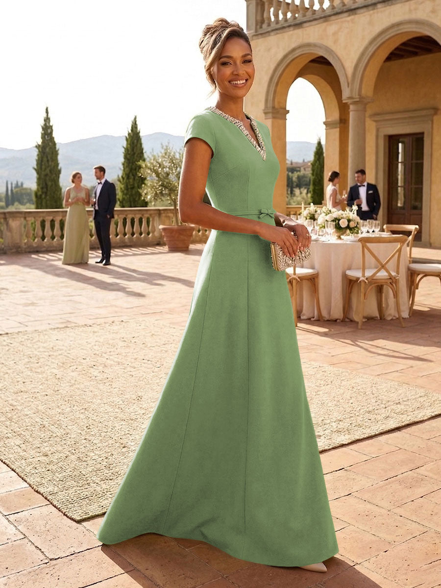 A-Line Satin V-Neck Rhinestones Floor-Length Formal Dresses