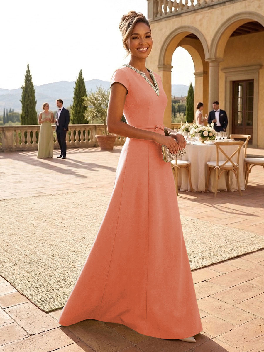 A-Line Satin V-Neck Rhinestones Floor-Length Formal Dresses