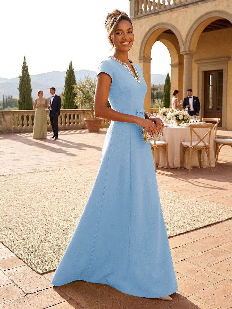 A-Line Satin V-Neck Rhinestones Floor-Length Formal Dresses