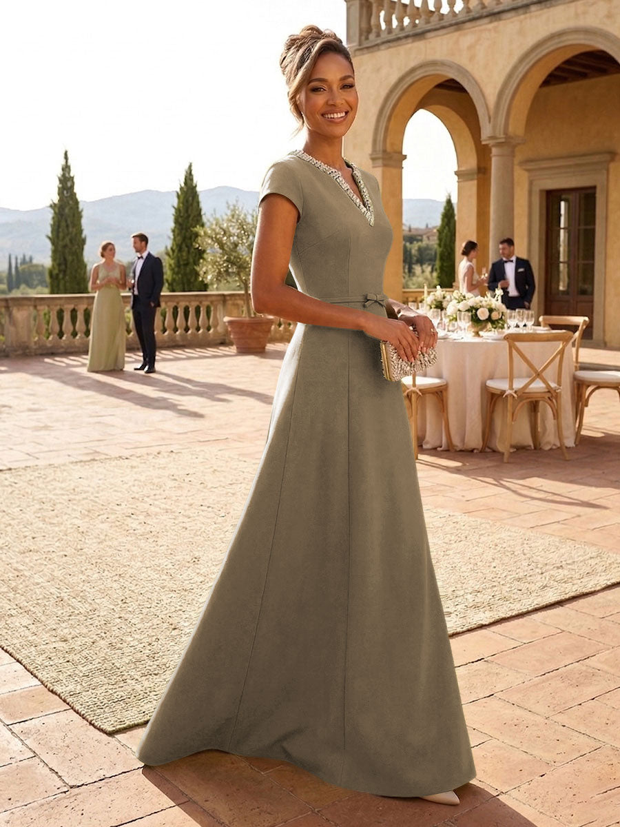A-Line Satin V-Neck Rhinestones Floor-Length Formal Dresses