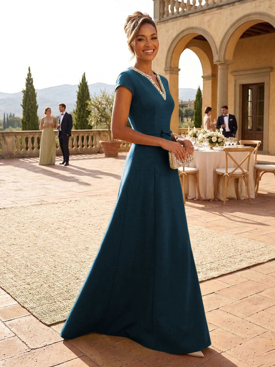 A-Line Satin V-Neck Rhinestones Floor-Length Formal Dresses
