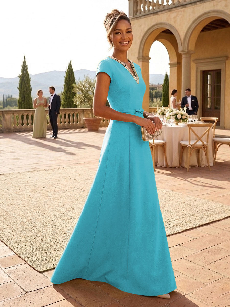A-Line Satin V-Neck Rhinestones Floor-Length Formal Dresses