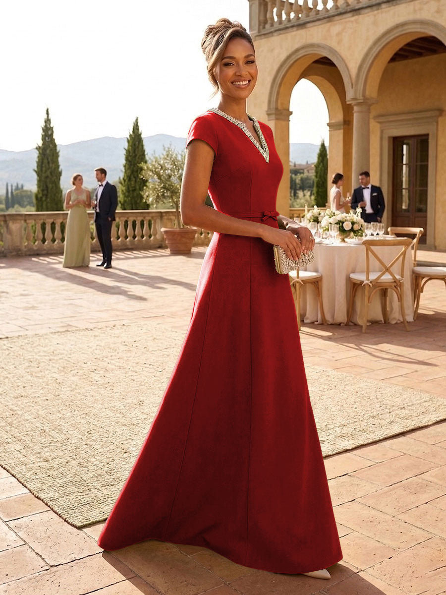 A-Line Satin V-Neck Rhinestones Floor-Length Formal Dresses