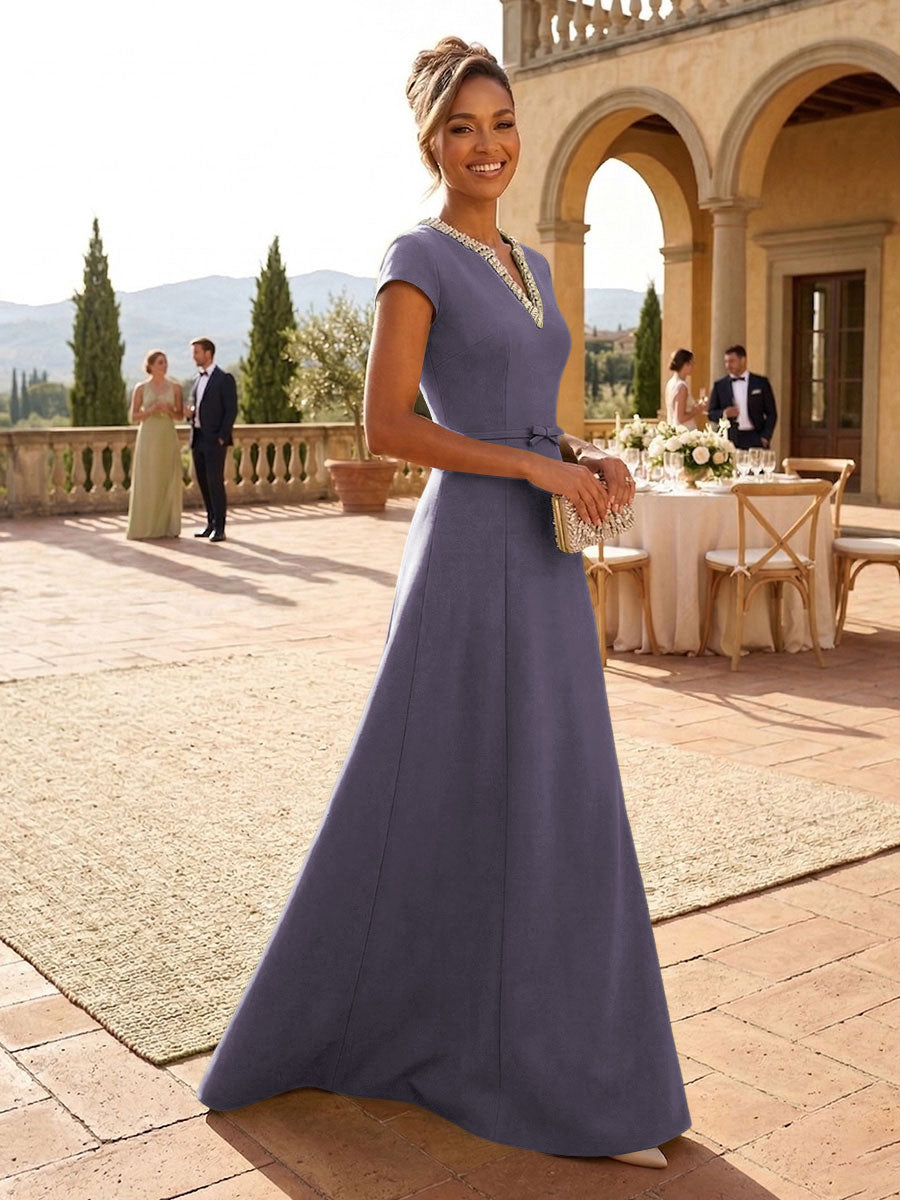 A-Line Satin V-Neck Rhinestones Floor-Length Formal Dresses