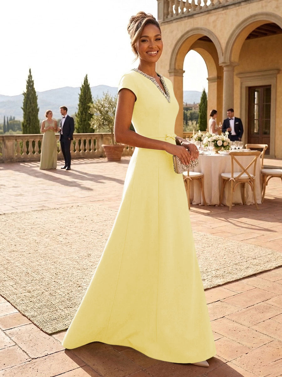 A-Line Satin V-Neck Rhinestones Floor-Length Formal Dresses