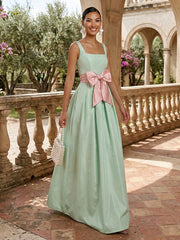 A-Line Satin Square Neck Floor-Length Formal Dresses with Bow Waist