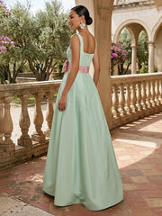 A-Line Satin Square Neck Floor-Length Formal Dresses with Bow Waist