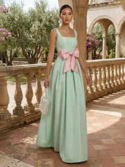 A-Line Satin Square Neck Floor-Length Formal Dresses with Bow Waist